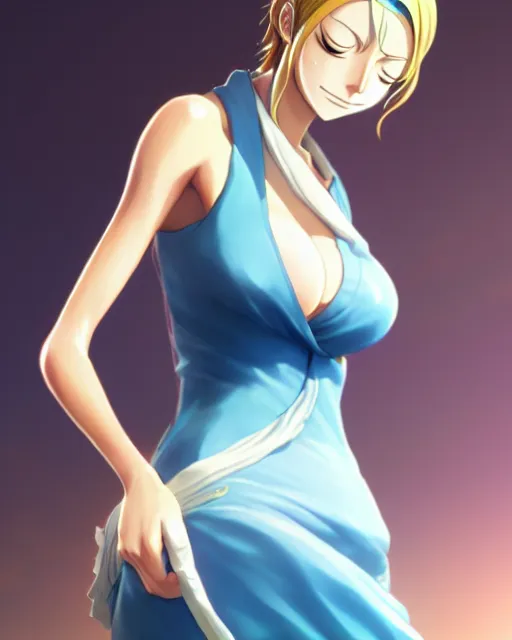 Prompt: nami from one piece, sad cerulean eyes, simple cream dress, detailed perfect face, mid view, by artgerm, by studio muti, greg rutkowski makoto shinkai takashi takeuchi studio ghibli