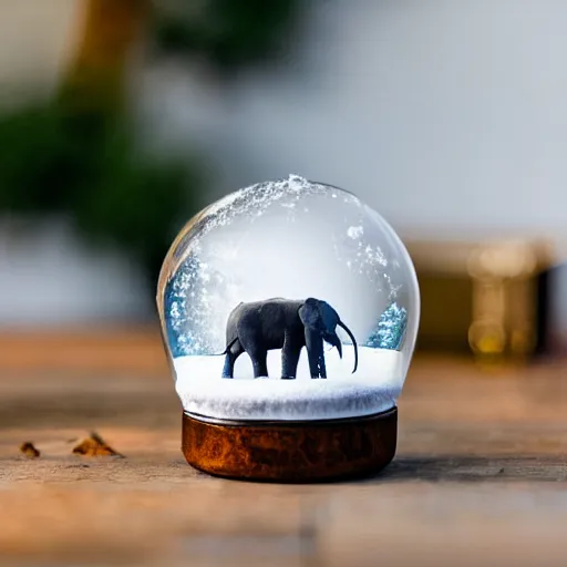 Prompt: a photograph of an elephant inside a snow globe toy, detailed photograph