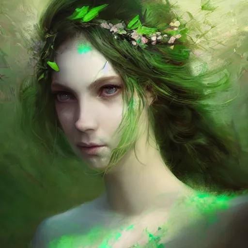 Image similar to Goddess of Spring, green-eyes, gorgeous portrait, intricate, elegant, volumetric lighting, scenery, digital painting, highly detailed, artstation, sharp focus, illustration, concept art, ruan jia, steve mccurry