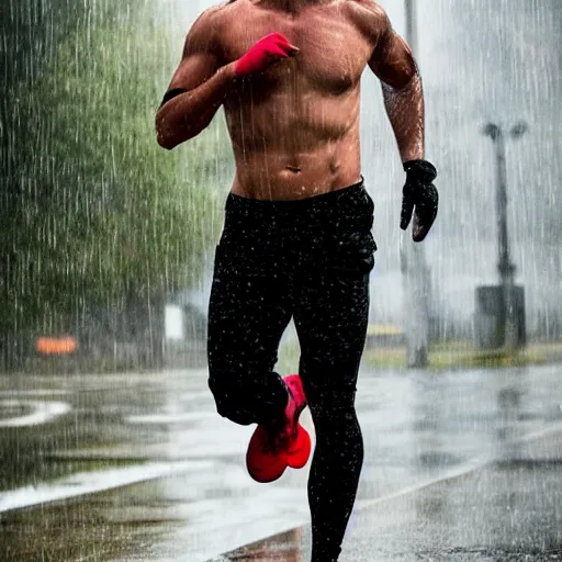 Prompt: a handsome young man working out in the rain, cyborg, photo,