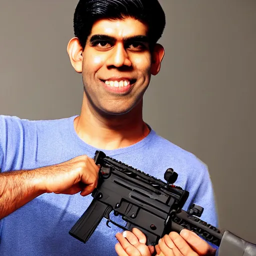 Prompt: Medium shot photograph of Rishi Sunak holding an ar-15, 8k, ultrahd