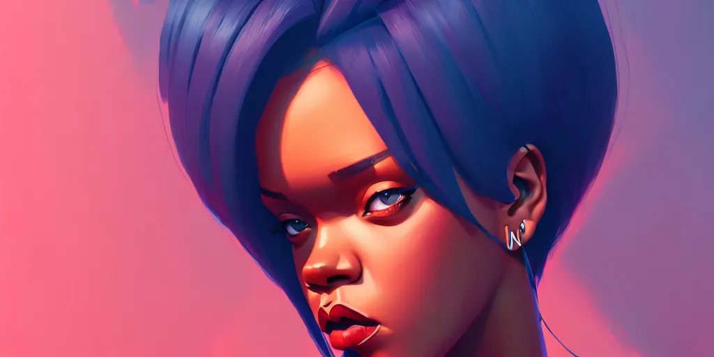 Prompt: low angle portrait of Rihanna, tepainting concept Blizzard pixar maya engine on stylized background splash comics global illumination lighting artstation lois van baarle, ilya kuvshinov, rossdraws