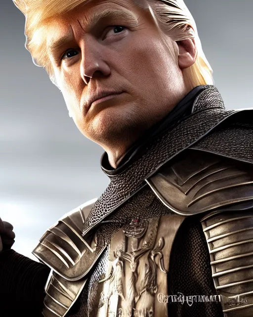 Image similar to jaime donald trump lannister holding a sword, lord commander of the kingsguard, the kingslayer, medium shot, highly detailed, hyperrealism, octane render