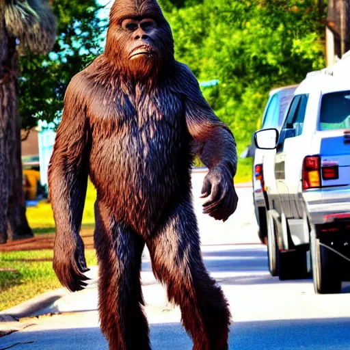 Image similar to bigfoot walking down the street in downtown Pensacola Florida