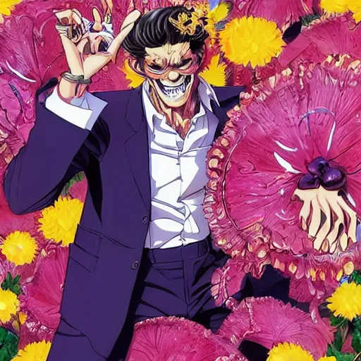 Image similar to willem dafoe, grinning, wearing a suit, posing, portrait surrounded by hibiscus flowers, jojo cover art, jojo anime style, david production, style of vento aureo cover art, style of stone ocean cover art, style of steel ball run cover art, style of jojolion cover art, ilya kuvshinov style, illustrated by hirohiko araki