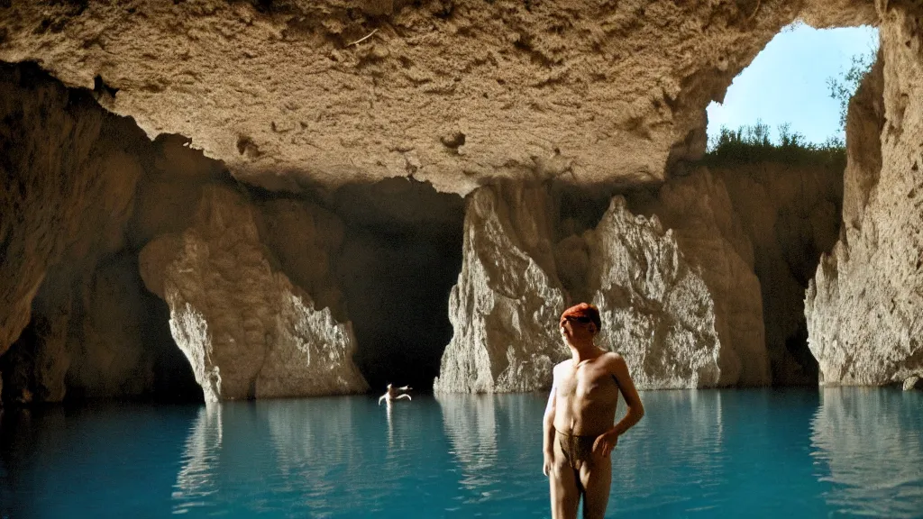 Image similar to a man exploring a cave off of a lake in France, film still from the movie directed by Wes Anderson and Jacques Tati with art direction by Salvador Dalí, wide lens