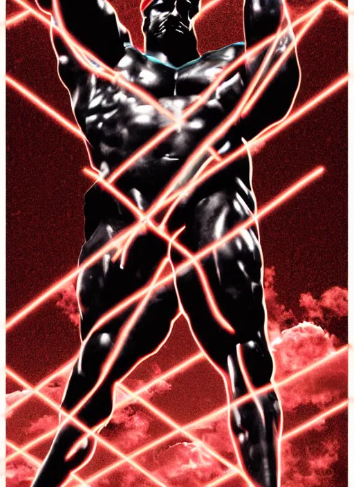 Image similar to black background, statue of hercules, thin red lines, dark, thin lines, neo vaporwave, poster art, trending on artstation