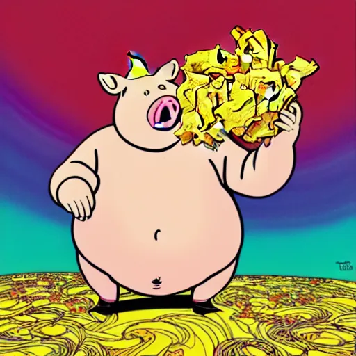 Prompt: trippy comic art of a obese pig wearing a gold crown throwing pork rinds snacks into the air, drawn by Martin Rowson, Tim Burton, Studio Ghibli, Alex Pardee, Nekro Petros Afshar, James McDermott, colors by lisa frank, unstirred paint, vivid color, cgsociety 4K