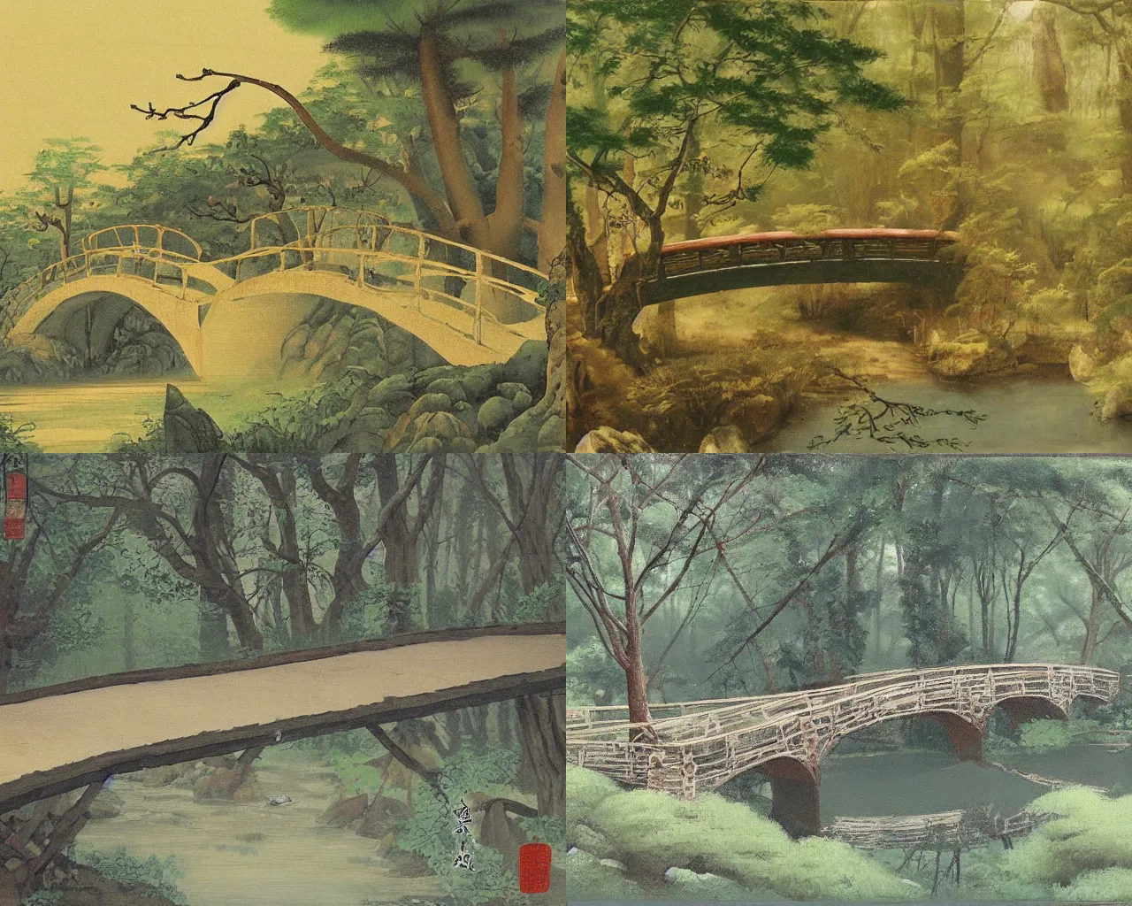 Prompt: painting of a forest bridge by qian xuan and sesshu toyo