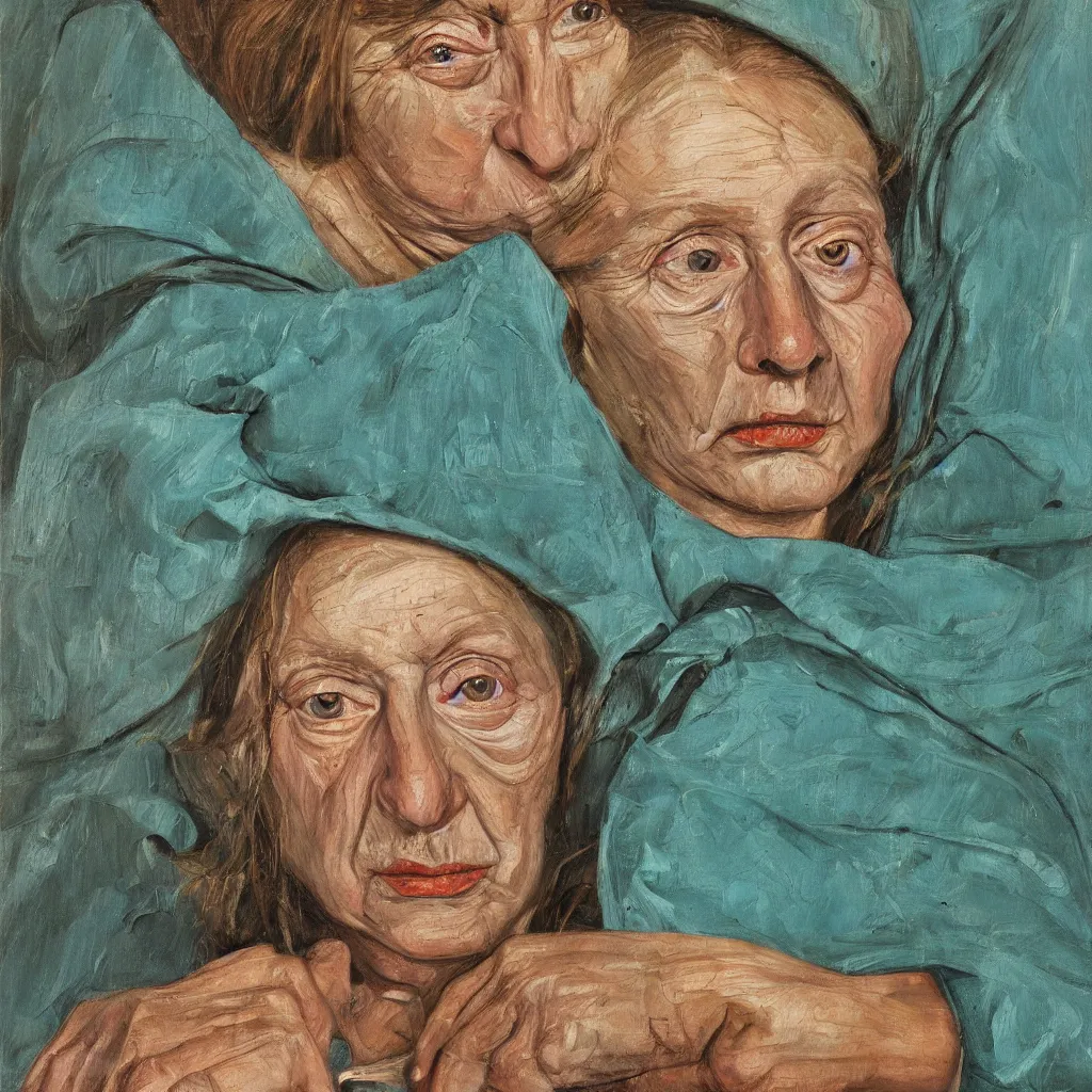 Image similar to high quality high detail painting by lucian freud, jenny savile, portrait, turquoise, hd