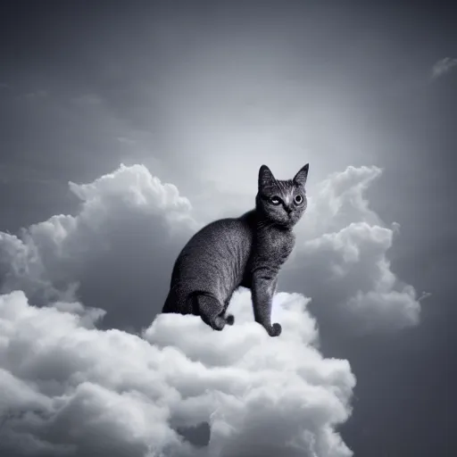 Image similar to a dark grey cat on top of a cloud, photography photorealistic