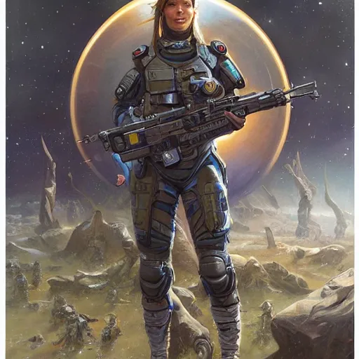 Prompt: Female Intergalactic combat paramedic on the battlefield as full-body Sci-Fi art by Donato Giancola and Bayard Wu, digital art, trending on artstation