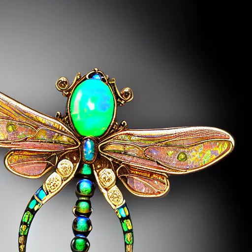 Image similar to highly detailed, well-lit studio photo of a complex intricate, ornate, art nouveau dragonfly brooch, with interlacing golden curves and opal eyes