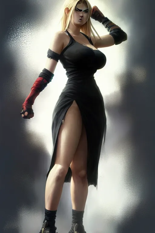 Image similar to Tekken 4 fighter anime Stunning Portrait of Kate Upton wearing a long black dress by Greg Rutkowski, blonde long hair, in a fighting stance, digital painting, artstation, concept art, soft light, hdri, smooth, sharp focus, illustration, art by tian zi, craig mullins, Mark Arian, WLOP, alphonse mucha