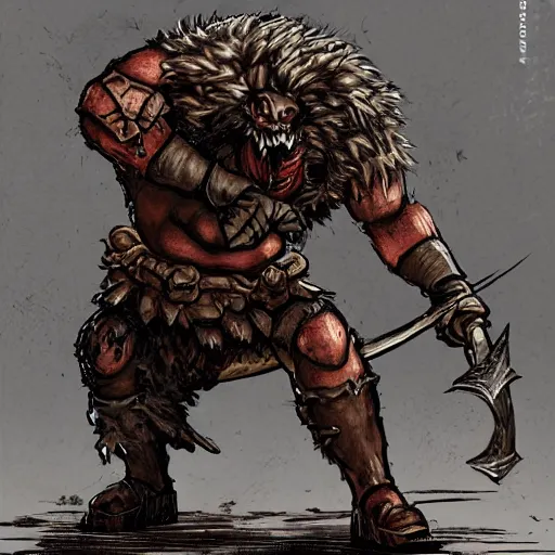 Image similar to raging armored bugbear wielding rusty cleaver grappling gnoll wayne reynolds