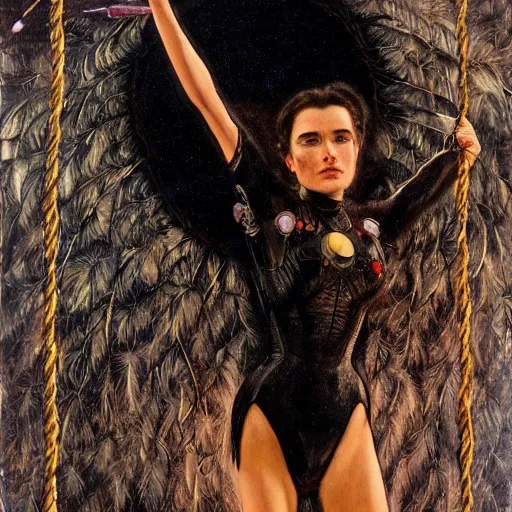 Prompt: young jennifer connelly the dark swan queen, black feathers instead of hair, feathers growing out of skin, black bodysuit, moulting, suspended in zero gravity, on spaceship with cables hanging down, highly detailed, mike mignogna, ron cobb, mucha, oil painting