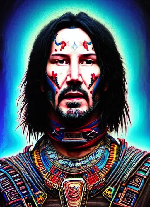 Image similar to portrait of keanu reeves, hyper detailed ultra sharp aztec shaman warrior. trending on artstation, warpaint aesthetic, bloodwave, colorful, psychedelic, ornate, intricate, digital painting, concept art, smooth, sharp focus, illustration, art by artgerm and greg rutkowski and h. r. giger, 8 k