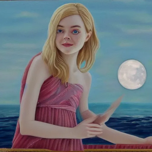 Image similar to Painting of Elle Fanning in front of the moon on a boat. Extremely detailed. 4K. Award winning.