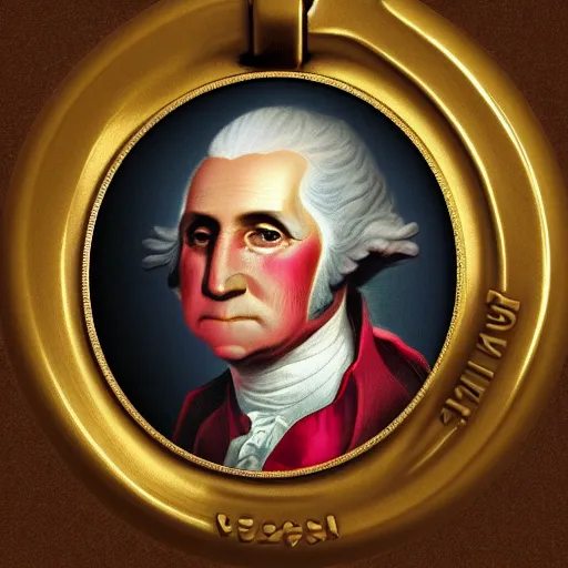 Image similar to a closeup photorealistic illustration of a happy George Washington holding wearing a chain around his neck with a small gold Doubloon coin as a necklace. This 4K HD image is Trending on Artstation, featured on Behance, well-rendered, extra crisp, features intricate detail and the style of Unreal Engine.