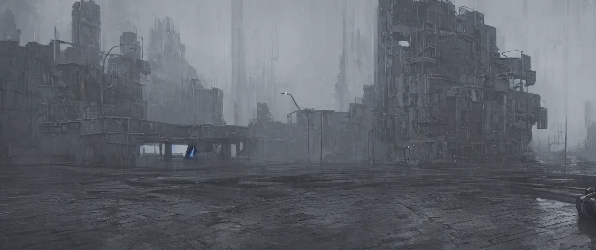 Image similar to heavy mechanical weapon by Ian McQue, concrete brutalism buildings by le corbusier on the background, dark, foggy, puddles of water, woods, high quality, volumetric lighting, cryengine
