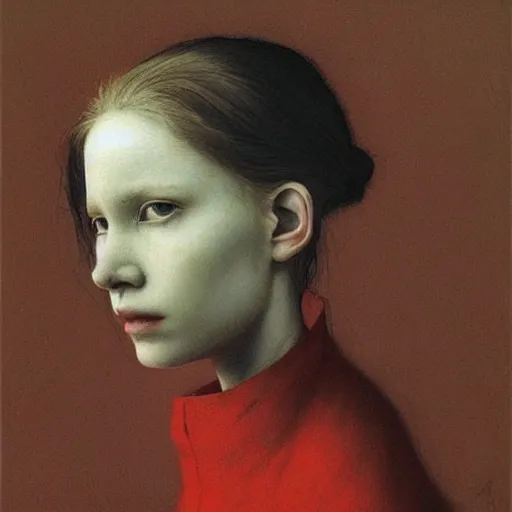 Prompt: (portrait) of pale white young teen girl 16 years old in beautiful red dress, she has (black) short hairs. Painting by Beksinski