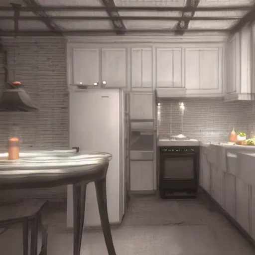 Image similar to ghost apparition floating in the middle of a kitchen, artstation, r/art, realistic, cam footage, thermal imaging