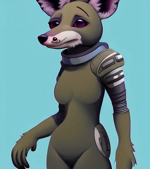 Image similar to digital detailed full body of anthromorphic female hyena, in style of zootopia, fursona, furry, furaffinity, 4 k, deviantart, wearing astronaut outfit, in style of zootopia, floating in space, space background, in deep space, dark background, hyena fursona, cyberpunk, female, detailed face,