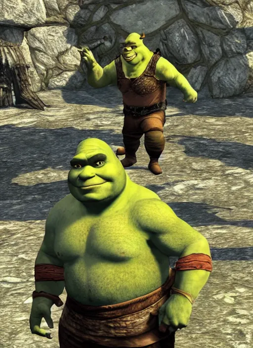 Prompt: Shrek as a skyrim npc