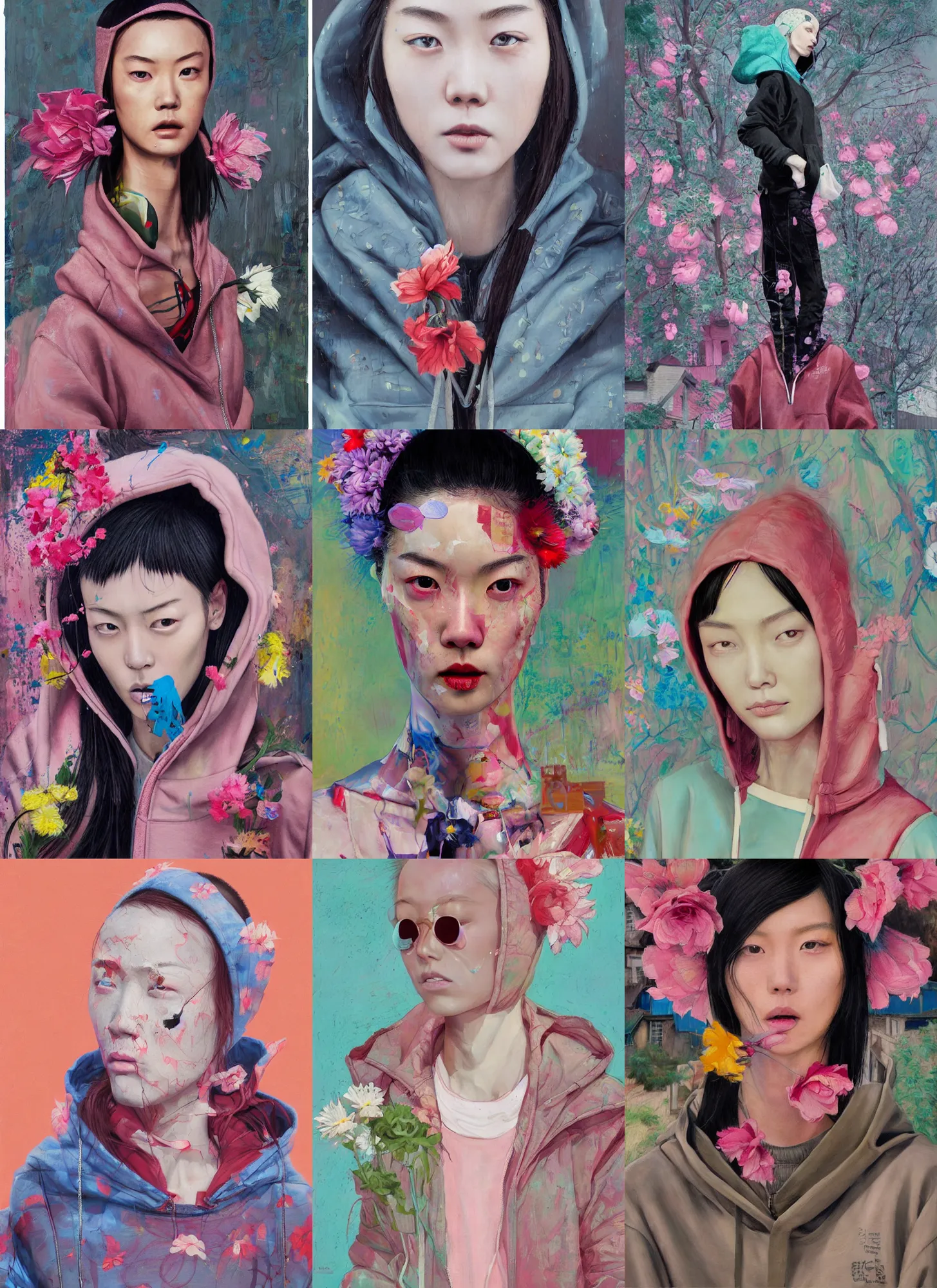 Prompt: still from music video of liu wen from die antwoord standing in a township street, wearing a hoodie and flowers, street clothes, full figure portrait painting by martine johanna, ilya kuvshinov, rossdraws, pastel color palette, detailed impasto brushwork, impressionistic