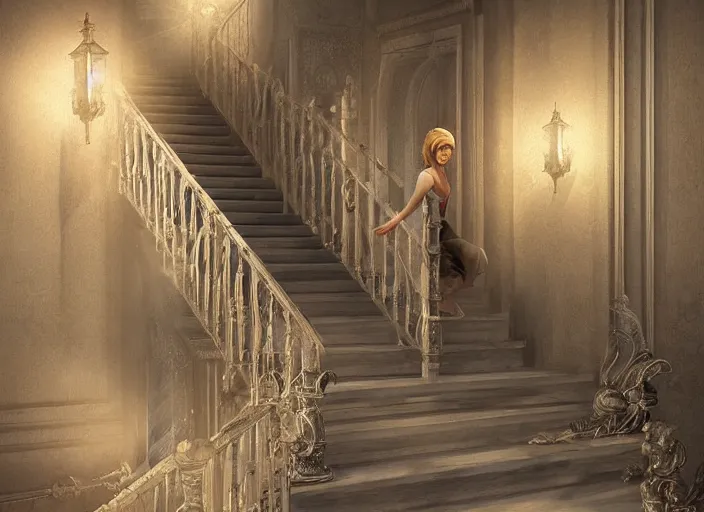 Image similar to a princess runing down a stair, magical, crystal, detailed, night, 3 d, octance render, by wlop, dark academia