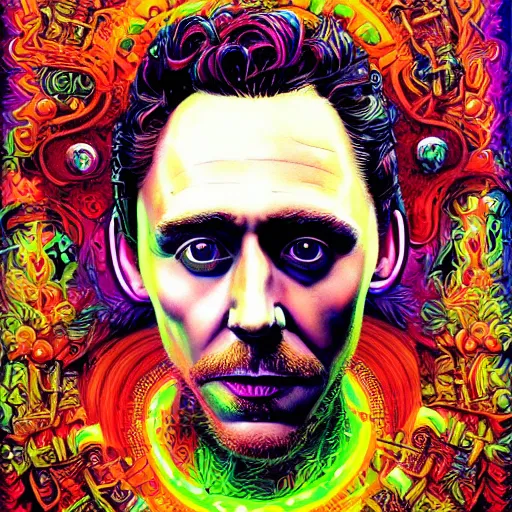 Prompt: portrait of tom hiddleston, hyper detailed masterpiece, neon floral pattern, jean giraud, digital art painting, darkwave goth aesthetic, psychedelic, artgerm, donato giancola and tom bagshaw