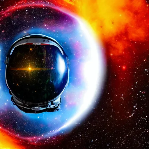 Image similar to an ultrarealistic photo of a galaxy colliding reflected in the helmet of an astronaut
