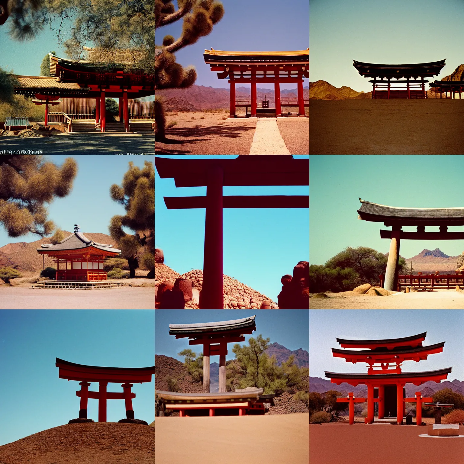 Prompt: a very large shinto shrine (jinja) in the desert southwest, late morning, kodak gold 200, 200mm lens, film grain, perspective correction, depth of field