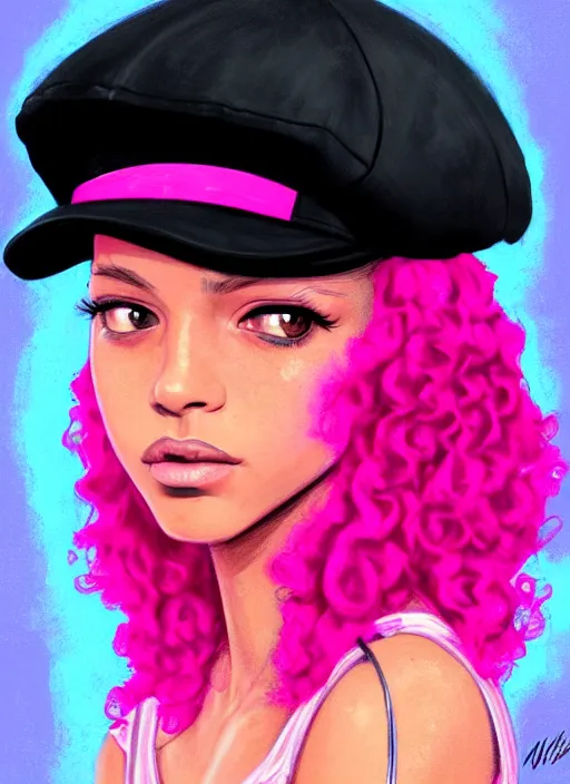 Prompt: portrait of teenage vanessa morgan with bright pink hair, black girl, curly pixie cut hair, wearing newsboy cap, pink short haircut, newsboy cap, hoop earrings, blue eyes, intricate, elegant, glowing lights, highly detailed, digital painting, artstation, concept art, smooth, sharp focus, illustration, art by wlop, mars ravelo and greg rutkowski