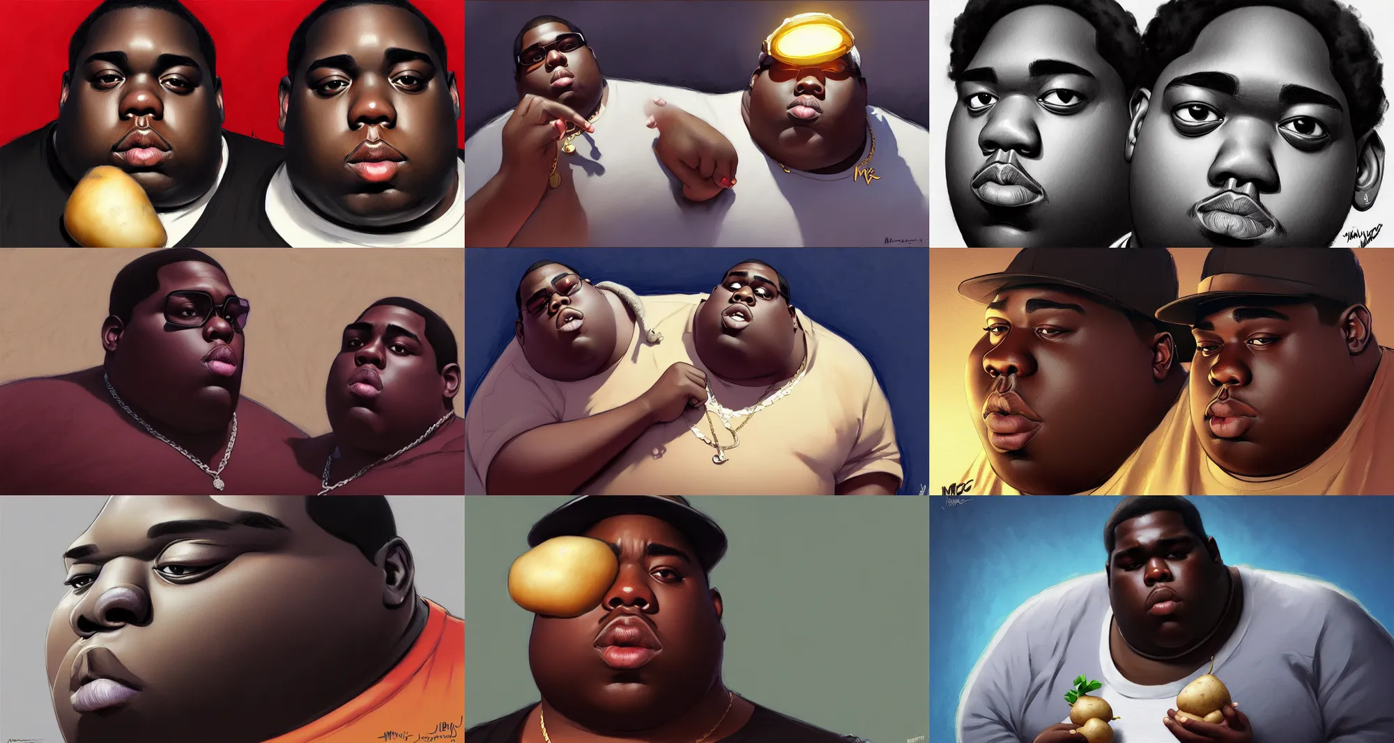 Prompt: the notorious b. i. g. as a singing potato, animation pixar style, shaded lighting poster by magali villeneuve, artgerm, jeremy lipkin and michael garmash, rob rey and kentaro miura style, trending on art station