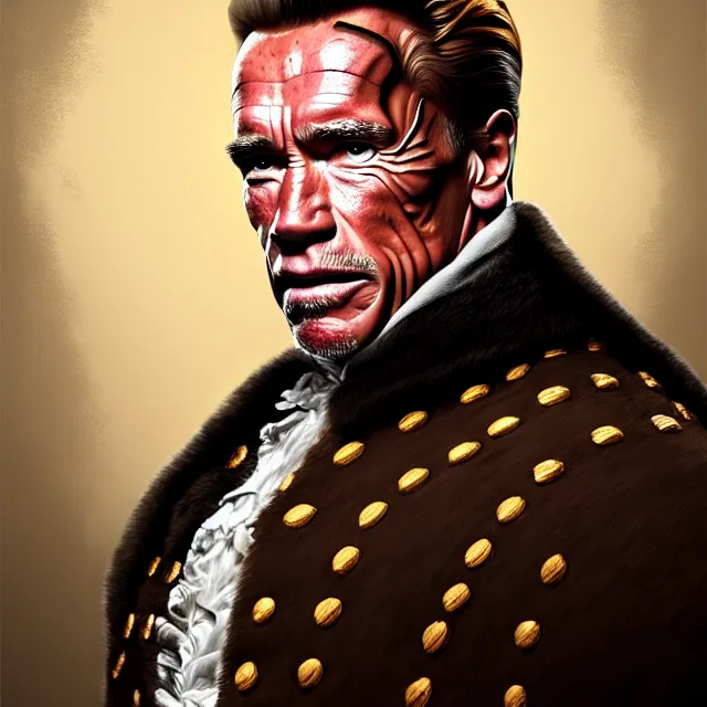 Prompt: epic professional digital portrait art of Arnold Schwarzenegger wearing 17th century clothing, wearing a large white British barrister wig, ,best on artstation, cgsociety, Behance, pixiv, astonishing, impressive, outstanding, epic, cinematic, stunning, gorgeous, much detail, much wow, masterpiece.