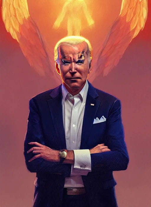 Prompt: half Donald Trump half Joe Biden pure seductive angel, full body portrait, slight smile, diffuse natural sun lights, autumn lights, highly detailed, digital painting, artstation, concept art, sharp focus, illustration, art by wlop and greg rutkowski and alphonse mucha and artgerm