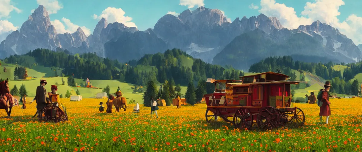 Image similar to a ultra photorealistic and sharp film still of an a sunny and colourful open field in 1 9 0 0 in the middle of the bavarian alps, germany. wide shot, wes anderson, studio ghibli, pixar and disney animation, octane render, anime key art by greg rutkowski, dramatic lighting, award winning photography