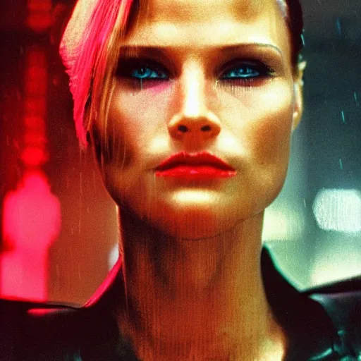 Image similar to close up portrait of rachael tyrell from blade runner at tyrell headquarters photographed by annie leibovitz, cyberpunk, colorful!, nighttime!, raining!