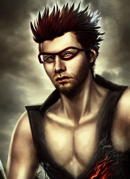 Image similar to An epic fantasy comic book style portrait painting of young man with red spiked long hair, using googles. Wearing a black waistcoat, white shirt. Fire on his hands. Unreal 5, DAZ, hyperrealistic, octane render, cosplay, RPG portrait, dynamic lighting