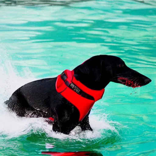 Prompt: black dog with red collar splashing in water like a dolphin