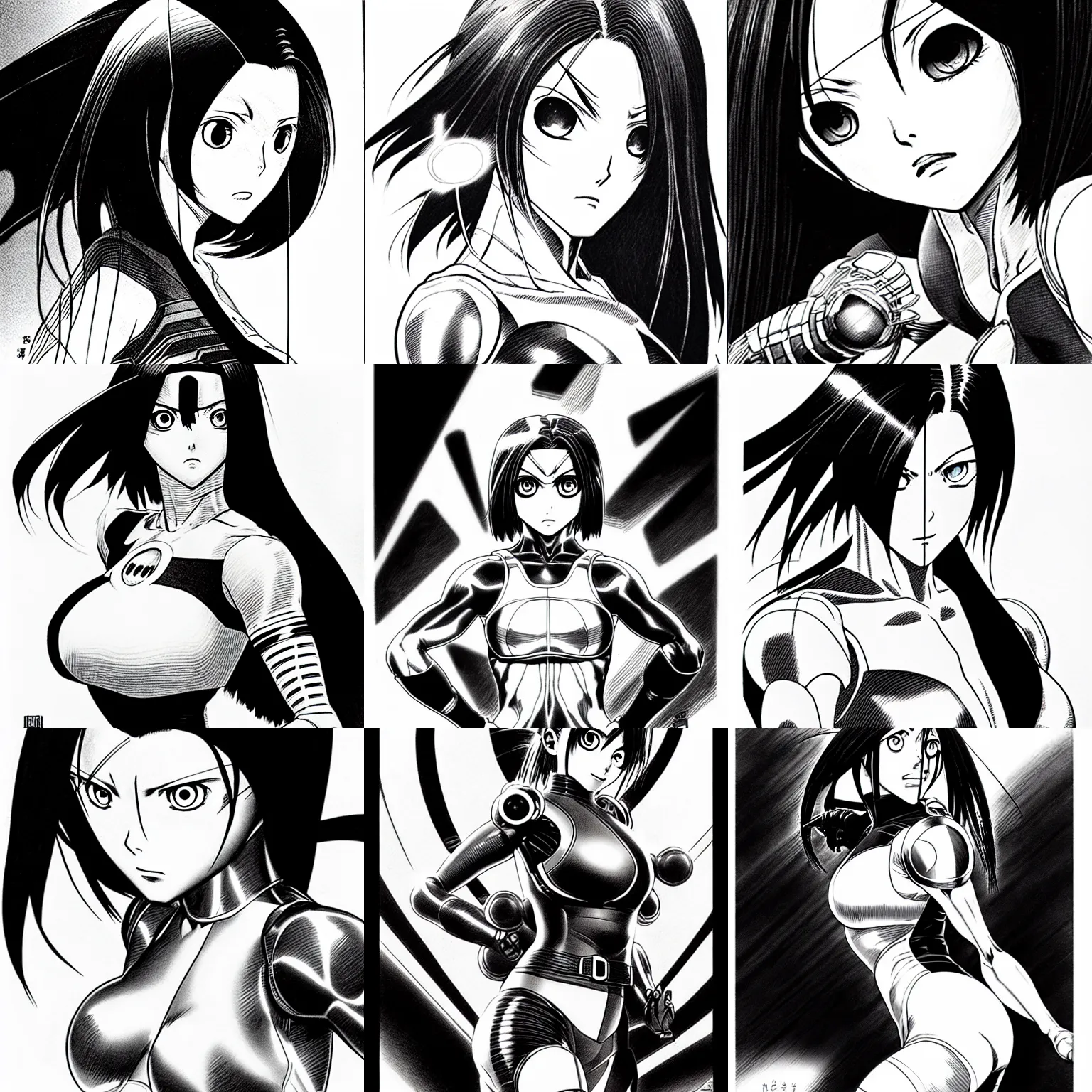 Image similar to alita by yukito kishiro. medium shot. black and white manga. pencil drawing.