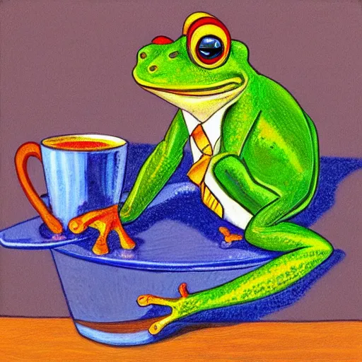 Image similar to mr 🐸 drinking ☕ by james gurney