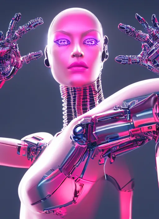 Prompt: photorealistic detailed full body picture of a female cyborg, pretty face with arms and legs and feet and hands, complete body, glamour pose, neon lights, humanoid, extreme, uhdr, book called the most influental cyborg in 2 0 5 0, fine details, highly detailed, intricate, smooth sharp focus, symmetrical features, environmental portrait, realistic render