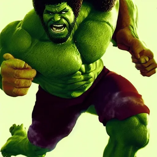 Prompt: Bob Ross as The Incredible Hulk, photorealistic, volumetric clouds, Marvel Universe cinematography movie scene,