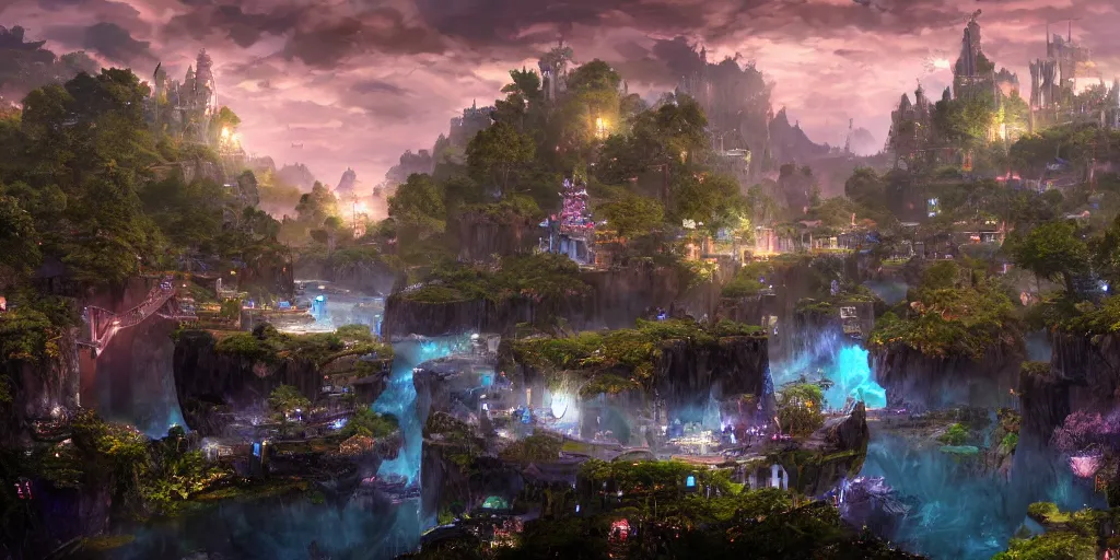 Image similar to beautiful and immersive magical town, magical buildings, bioluminescent forest surrounding, gentle rivers flowing through town, award - winning digital art on pixiv, trending on artstation - cinematic lighting, dramatic lighting, stunning and beautiful view - unbelievably amazing - highly detailed, hyperrealistic, unreal engine 5, in the style of kingdom hearts and final fantasy