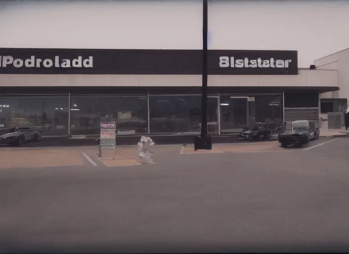 Image similar to polaroid photograph of an empty blockbuster store parking lot, liminal space, familiar place, mannequins, black mold, amateur, unreal engine, photorealistic, trending on artstation