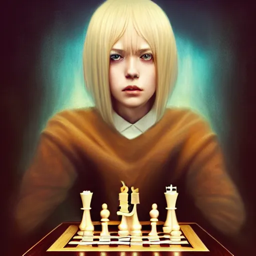 Image similar to rimuru tempest elegantly playing chess, with amber eyes of golden colored eyes, straight hair, sky blue hair, long bangs, high collar, concept art, award winning photography, digital painting, cinematic, wlop, 8 k, by ross tran, tom bagshaw, andy warhol