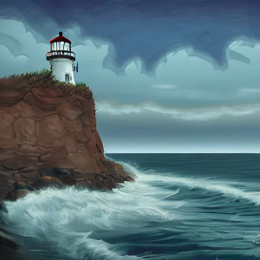 Image similar to digital art of a coastal landscape with a lighthouse, by Disco Elysium