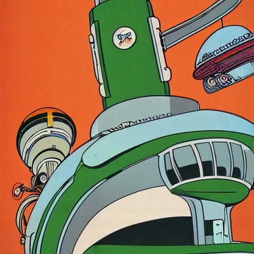 Image similar to bauhaus print poster of the futurama spaceship, planet express, old bessie